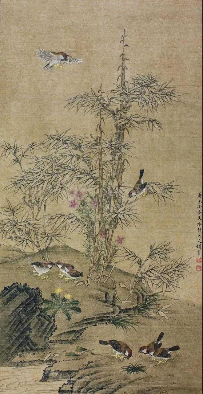 文俶《竹雀图》——画竹采用双勾之法