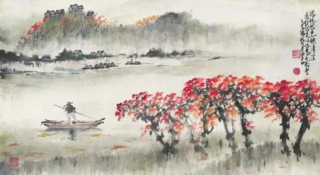 赵少昂山水画欣赏——霞光万丈、暮色氤氲