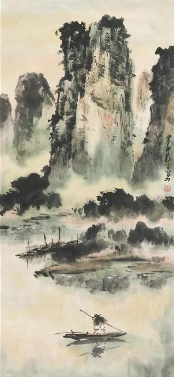 赵少昂山水画欣赏——霞光万丈、暮色氤氲