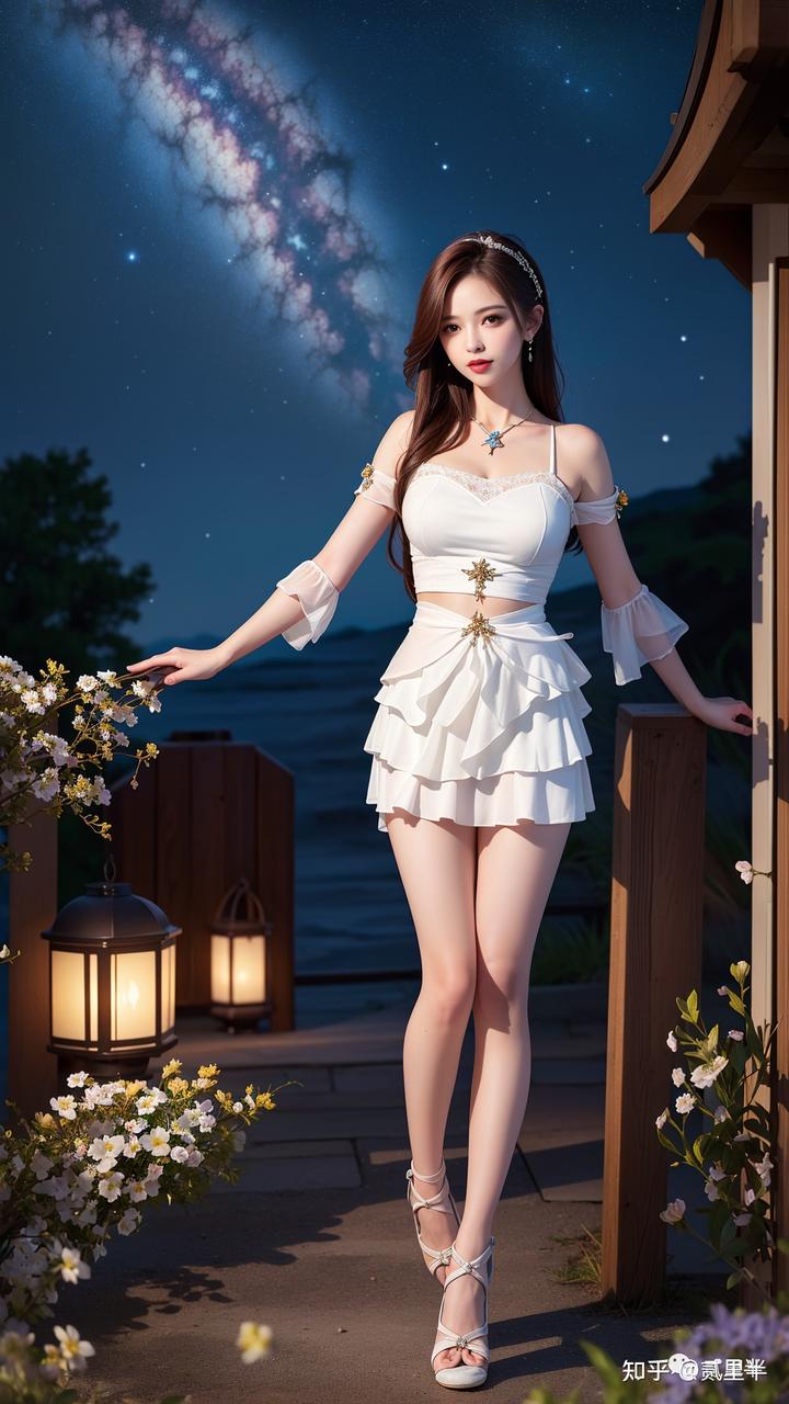国风风格AI绘画作品——身穿白色裙子的女孩独立于星空之下-美术100 国风风格AI绘画作品——身穿白色裙子的女孩独立于星空之下