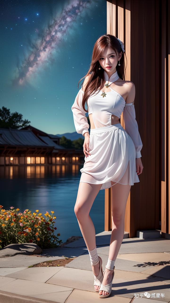 国风风格AI绘画作品——身穿白色裙子的女孩独立于星空之下-美术100 国风风格AI绘画作品——身穿白色裙子的女孩独立于星空之下