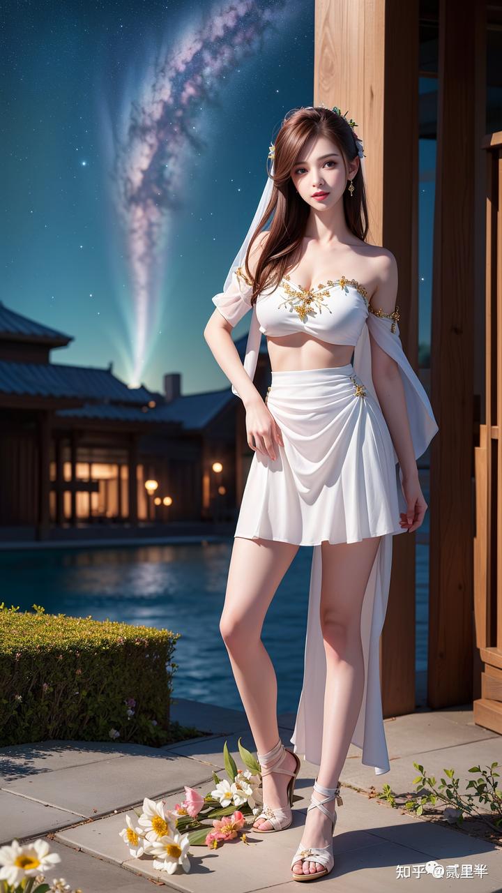 国风风格AI绘画作品——身穿白色裙子的女孩独立于星空之下-美术100 国风风格AI绘画作品——身穿白色裙子的女孩独立于星空之下